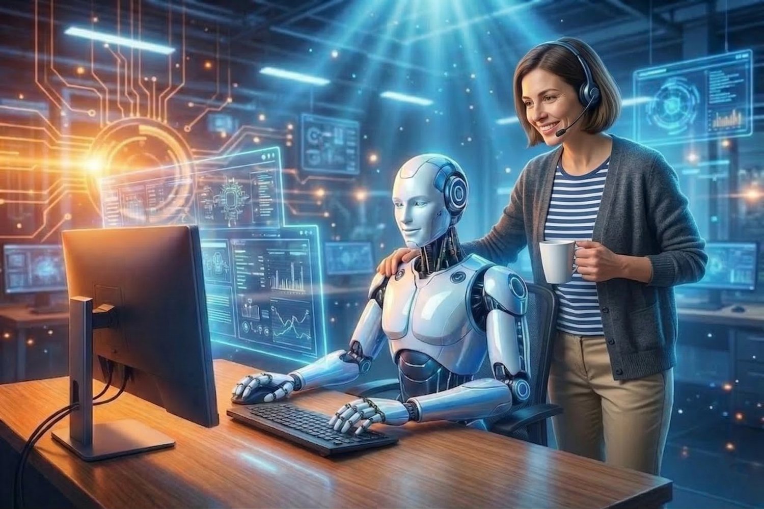 DAVE RoboDesk am Arbeitsplatz: ein digitaler Mitarbeiter bedient den Arbeits-PC